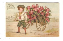 Carte Fantaisie Gaufrée :  " Doux Souvenir " : Garçonnet Tirant Une Charrette De Fleurs - Contours Dorés - Autres & Non Classés