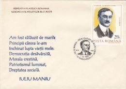 IULIU MANIU, POLITICIAN, SPECIAL COVER, 1993, ROMANIA - Brieven En Documenten