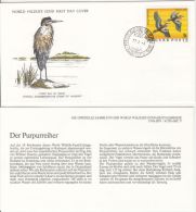 BIRDS, PURPLE HERON, WWF- WORLD WILDLIFE FUND, COVER FDC WITH ANIMAL DESCRIPTION SHEET, 1977, HUNGARY - Storks & Long-legged Wading Birds