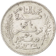 Monnaie, Tunisie, Muhammad Al-Nasir Bey, 50 Centimes, 1917, Paris, SUP, Argent - Tunesien