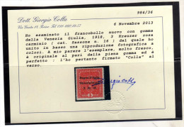 VENEZIA GIULIA 1918 SOPRASTAMPATO AUSTRIA OVERPRINTED K 3 CORONE KROWN MH CERTIFICATO COLLA - Vénétie Julienne