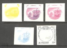 St Vincent 1988 Columbus US Bicentennial 75c Boat Nina & Pinta 5 Imperforate Colour Trial Plate Proofs - St.Vincent (1979-...)