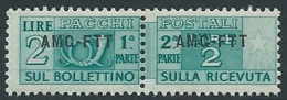 1949-53 TRIESTE A PACCHI POSTALI 2 LIRE MNH ** - ED112-8 - Paquetes Postales/consigna
