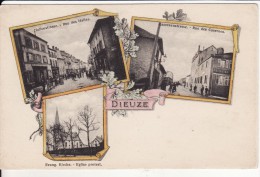 DIEUZE-DUSS (Moselle)  GRUSS 3 VUES -Rue Des Halles-Rue Des Casernes Et Eglise Protestante -VOIR 2 SCANS - - Dieuze