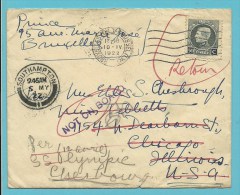 211 Op Brief Met Stempel BRUXELLES Naar Chicago (U.S.A.) , Stempel NOT ON BOARD + Stempel SOUTHAMPTON + Retour (pen) - 1921-1925 Small Montenez