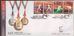 India 2010 Archery Hockey Badminton Running Commonwealth Games Sport Emblem Medal 4v FDC Inde Indien - Cartas & Documentos