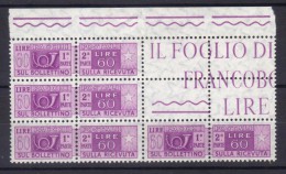 EUR234 - REPUBBLICA , Pacchi Postali Il 60 Lire Stelle Quartina A Seggiola  *** - Paquetes Postales