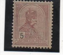 HONGRIE EMPIRE N° 55 5 KORONA NEUF* TRACE COTE 1200 EUROS - Nuevos