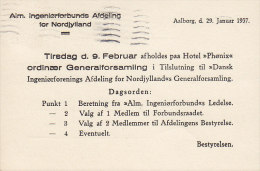 Denmark ALM. INGENIØRFORBUNDS AFDELING For Nordjylland, AALBORG 1937 Card Karte Locally Sent Drucksache (2 Scans) - Covers & Documents