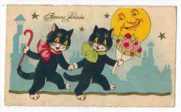 FANTAISIE MIGNONNETTE CHAT : " Bonne Année " - Deux Chats Noirs Sur Les Toits Canne Clair De Lune Fleurs Etoiles - Dressed Animals