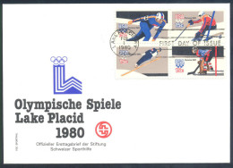 USA Olympic Games 1980 Lake Placid Cover: Ice Hockey, Ski Jumping, Alpine Skiing, Speed Skating Stamps; Logo Cachet - Invierno 1980: Lake Placid