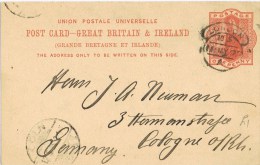 8181. Entero Postal LONDON 1895 (Gran Bretaña) A Cologne (Alemania) - Briefe U. Dokumente