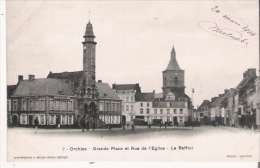 ORCHIES  2 GRAND PLACE ET RUE DE L'EGLISE LE BEFFROI  1904 - Orchies