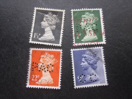 Machin 4 Timbres: UK  England Royaume Uni Great Britain  Perforé Perforés Perfin Perfins Stamp Perforated PERFORE - Perfins