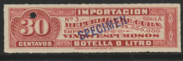 O) CARIBE, SPECIMEN, PROOF-REVENUE, EMPRESTITO, IMPORTACION VINOS ESPUMOSOS-IMPORT SPARKLING WINES, 30 CENTAVOS, AM - Non Dentelés, épreuves & Variétés