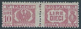 1946 LUOGOTENENZA PACCHI POSTALI 10 LIRE MH * - ED280 - Postpaketten