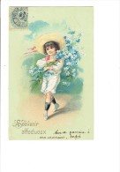 Carte Gaufrée - Souvenir Affectueux - GARCON CHAPEAU BOUQUET DE FLEURS - 1906 - - Verzamelingen & Reeksen