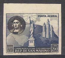 ** 1951 SAN MARINO VERY FINE MNH COLOMBO NON DENTELLATO  ( SASS. P.A. 101c)  CAT. € 450,00 - Airmail