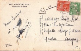 GANDON - 5F VERT SUR CARTE POSTALE DE ANNOT BASSES ALPES POUR AVIGNON AVEC TAXE 10F GERBE. - 1859-1959 Briefe & Dokumente