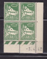 ALGERIE N° 48 60C VERT JAUNE TYPE MOSQUÉE DE LA PÊCHERIE COIN DATE DU 3.4.1942  NEUF SANS CHARNIERE - Unused Stamps