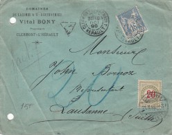 HERAULT,1899, LETTRE TAXEE, CLERMONT-L'HERAULT Pour LAUSANNE, TAXE SUISSE 20c /5560 - Taxe