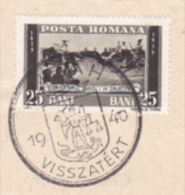 KING CHARLES 1ST TRAVELING STAMP, ZALAU VISZATERT SPECIAL POSTMARK ON FRAGMENT, 1940, ROMANIA - Lettres & Documents