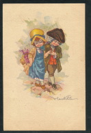 ENFANTS - Jolie Carte Fantaisie Enfants Amoureux Se Promenant Sur Rochers Signée V.CASTELLI - Castelli