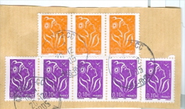 Frankreich 5x 0,10 € Marianne Violett + 3x 1,00 € Marianne Orange Briefstück TGST Seltz 2005 - 2004-2008 Marianne (Lamouche)