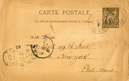 TOULOUSE Allées St Michel Haute Garonne ENTIER SAGE 10 Cts Pour NEW YORK + Cachets D'arrivée 8.10.1890 - Autres & Non Classés
