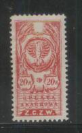 POLAND REVENUE 1919 PROVINCIAL ISSUE EASTERN POLAND 20K RED ZCZW PERF NO GUM BF#40 - Fiscale Zegels