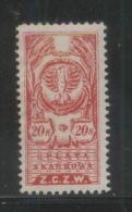 POLAND REVENUE 1919 PROVINCIAL ISSUE EASTERN POLAND 20K RED ZCZW PERF NO GUM BF#40 - Fiscaux