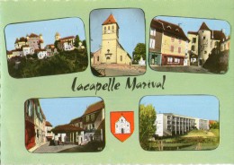 K77  /  DEPT 46 CPSM DENTELLE 1960 LACAPELLE MARIVAL MULTIVUE PLACE DE LA HALL COLLEGE CHATEAU EGLISE   / NEUVE - Lacapelle Marival