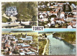 CP Torcy Multi Vues SOUVENIR Chateau Charmettes Place Jeu De Paume Rue Principale Voyagé 1972 Timbre Cachet Flamme - Torcy