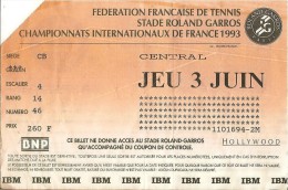 Internationaux De France 1993 Billet Entrée Central Jeudi 3 Juin - Andere & Zonder Classificatie