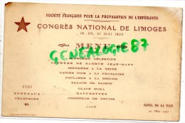 87 - LIMOGES - MENU CONGRES NATIONAL POUR PROPAGATION ESPERANTO-19-21-5-1923HOTEL DE LA PAIX- M. BUR - Menükarten