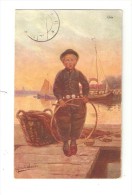 CPA : Illustration GERSTENHAUER : Jeune Garçon ( Costume Pays Bas ) Avec Un Cerceau Sur Un Quai  + Bateaux - Sonstige & Ohne Zuordnung