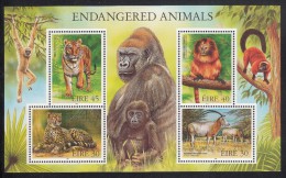 Ireland MNH Scott #1156a Souvenir Sheet Of 4 Cheetah, Oryx, Golden Lion Tamarin, Tiger - Endangered Animals - Nuevos