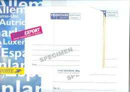 PRET A POSTER POSTEXPORT  100g ET 500g SURCHARGES "SPECIMEN" - Specimen