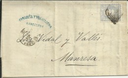 BARCELONA CC A MANRESA SELLO MATRONA 1872 AL DORSO MAT LLEGADA - Cartas & Documentos