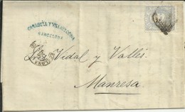 BARCELONA CC A MANRESA SELLO MATRONA 1872 AL DORSO MAT LLEGADA - Covers & Documents