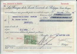 La Banque De La Société Générale De Belgique/ Mademoiselle Adéle Couture/Bruxelles /1937    BA18 - Banque & Assurance