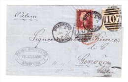 One Penny Rot Und Six Pence Auf Brief 7.1.1873 Von Bradford Nach Genova Italien - Pl. 12 - Brieven En Documenten