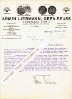 Brief 1921 GERA-Reuss - ARMIN LIEBMANN - Accordeon-fabrik - Marken : "Excelsior","Star" Und "Sans-Pareil" - Autres & Non Classés