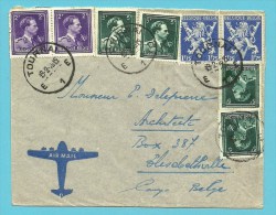 683+693+696 (Leeuw/Lion) Op Brief Per Luchtpost (par Avion) Met Stempel TOURNAI Naar Congo-Belge - Lettres & Documents