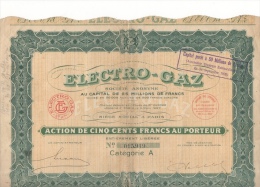 Action De 500 Francs Au Porteur Electricité Gaz Paris N° 015,919 Catégorie A 1927 - Elettricità & Gas