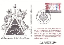 Entier Postal Premier Jour Révolution Française 200 ème Anniversaire De La Proclamation De La République 14,3 X 9,9 Cm - - Official Stationery