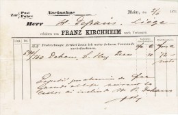 Rechnung 1876 MAINZ - FRANZ KIRCHHEIM - Otros & Sin Clasificación