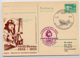 DDR P84-13b-86 C145-c Postkarte Zudruck MOTORFLIEGERIN MELLI BEESE Dresden Sost. 1986 - Private Postcards - Used
