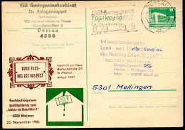 DDR P84-21-86 C150 Postkarte Zudruck KOLLOQUIUM BAUSCHÄDEN Weimar 1986 - Privé Postkaarten - Gebruikt