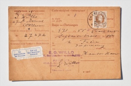 Carte-récépissé Des PAPIERS Et CALENDRIERS WILLO à CHARLEROI Vers M. Frère, IMPRIMEUR à HAM-SUR-HEURE, 1927 - Drukkerij & Papieren